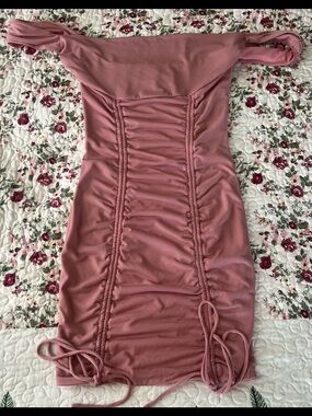 Tiger Mist Rose Pink Off-Shoulder Ruched Mini Dress